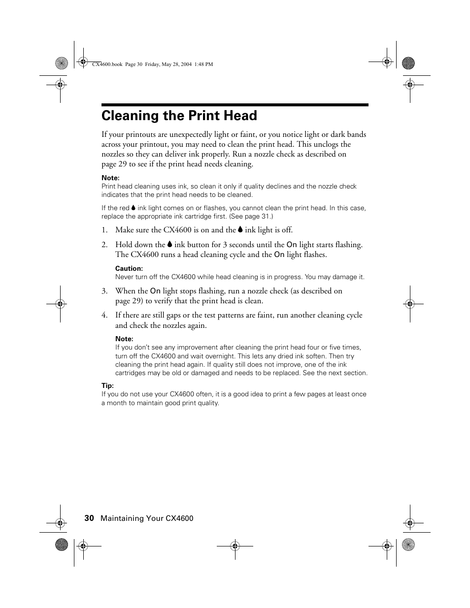 Cleaning the print head | Epson Stylus CX4600 User Manual | Page 30 / 48