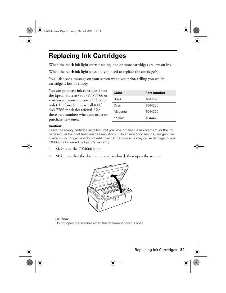 Replacing ink cartridges | Epson Stylus CX4600 User Manual | Page 31 / 48