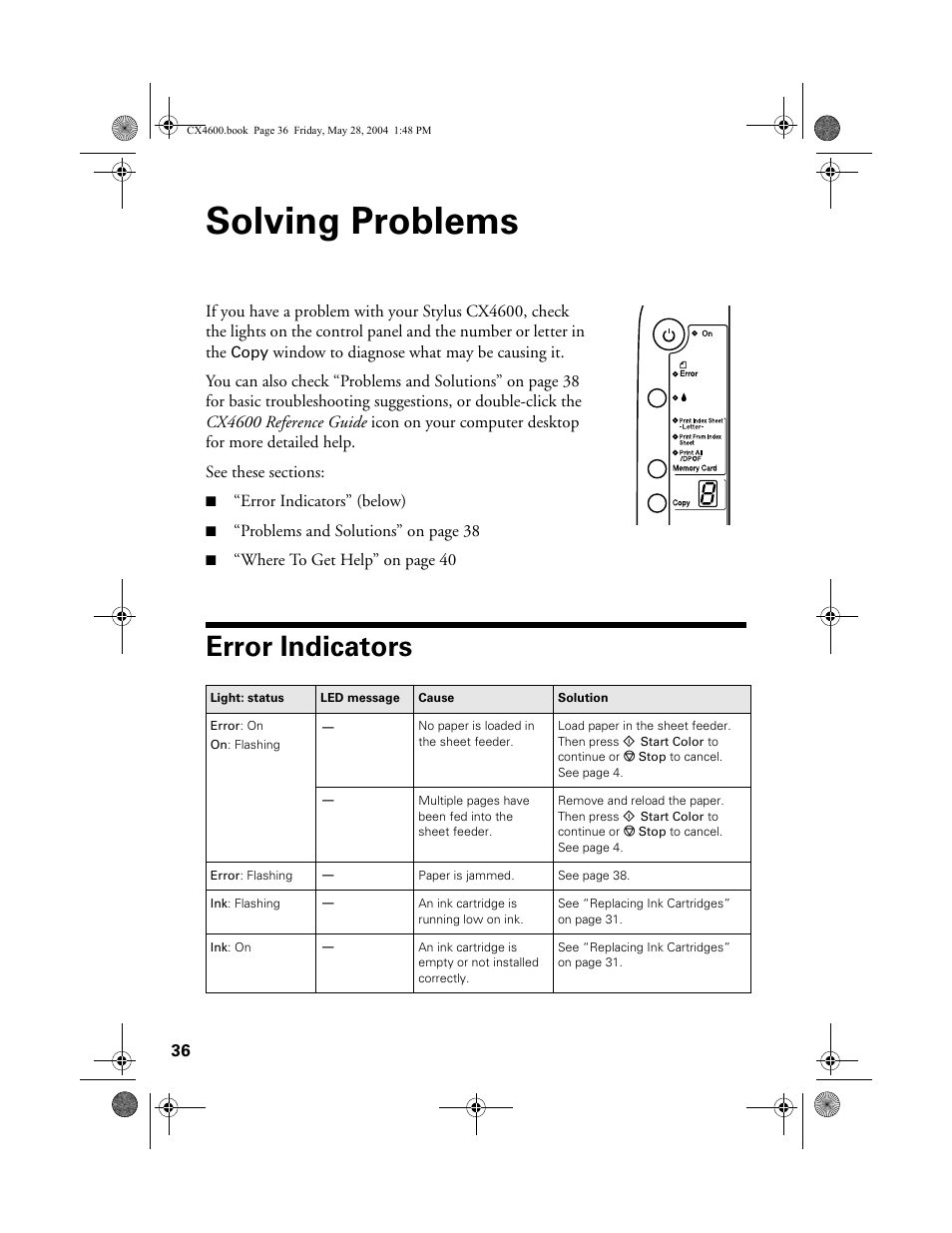 Solving problems, Error indicators | Epson Stylus CX4600 User Manual | Page 36 / 48
