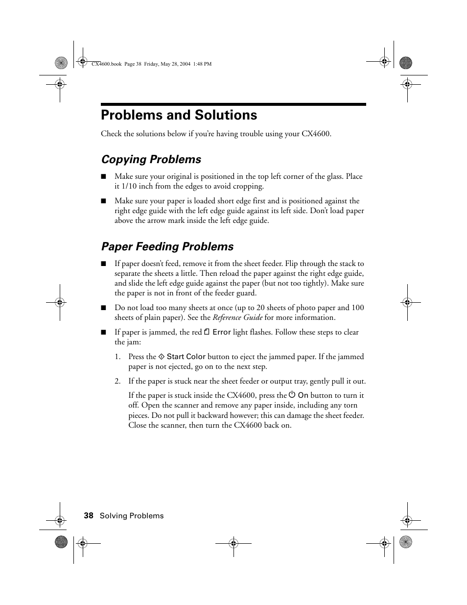 Problems and solutions, Copying problems, Paper feeding problems | Epson Stylus CX4600 User Manual | Page 38 / 48