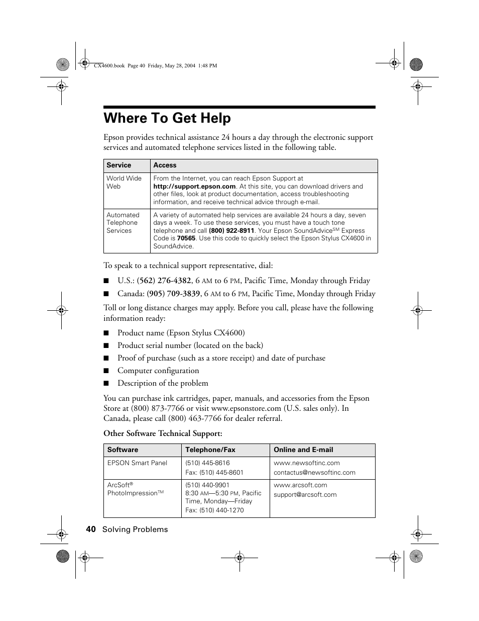 Where to get help | Epson Stylus CX4600 User Manual | Page 40 / 48