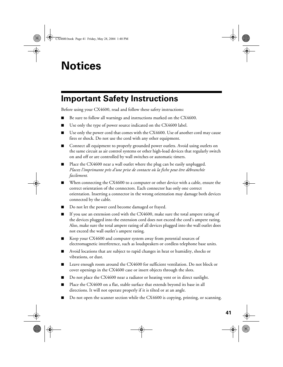 Notices, Important safety instructions | Epson Stylus CX4600 User Manual | Page 41 / 48