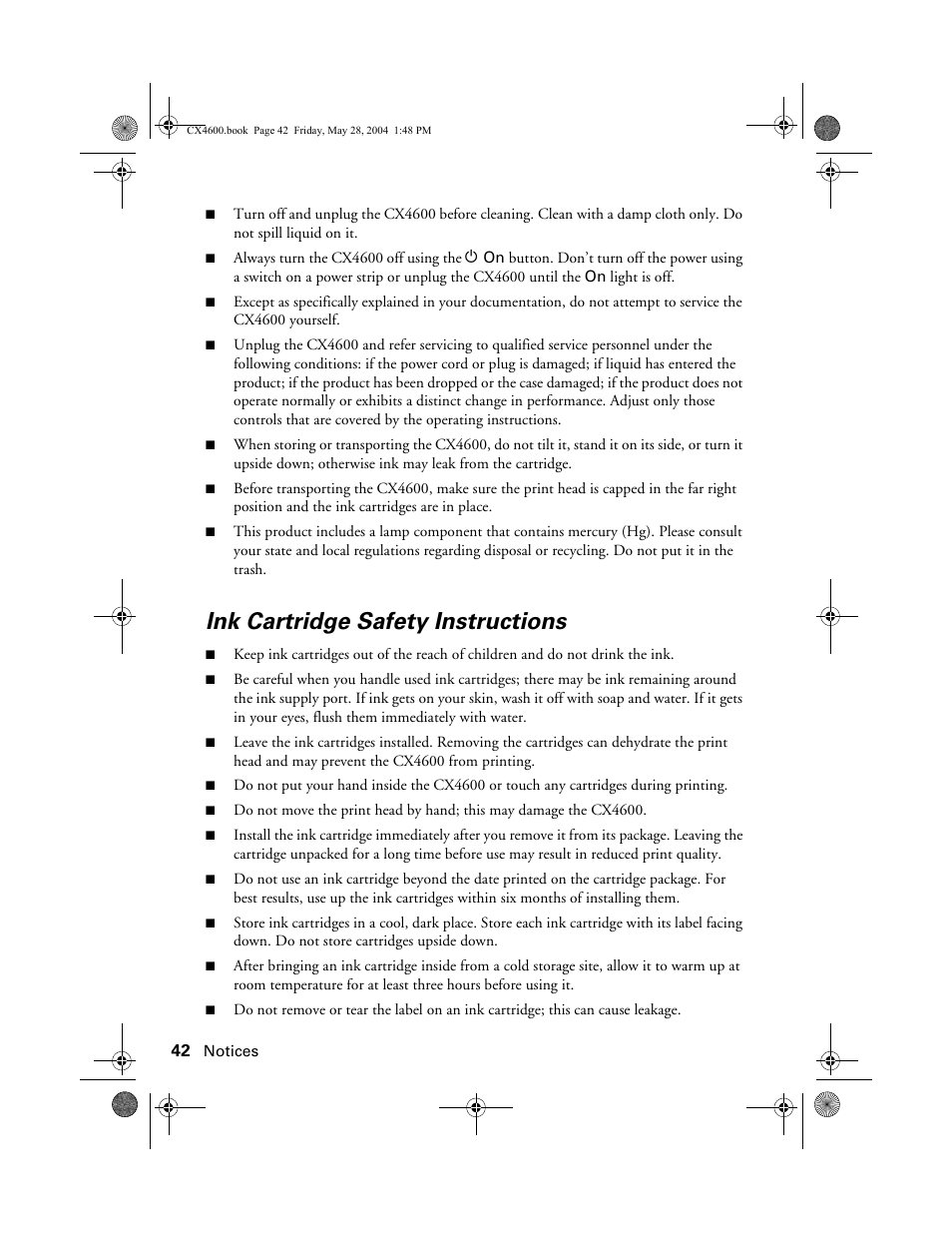Ink cartridge safety instructions | Epson Stylus CX4600 User Manual | Page 42 / 48