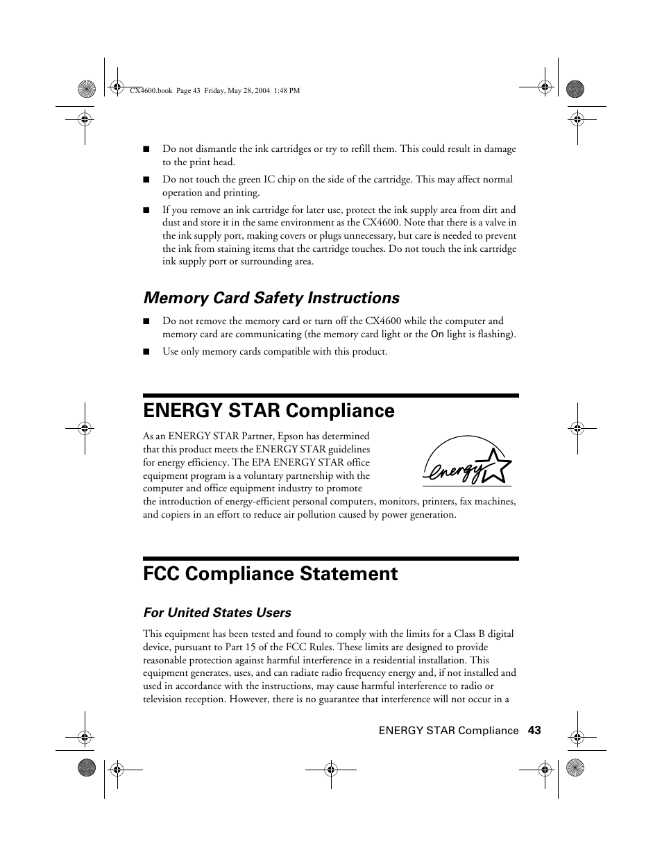 Memory card safety instructions, Energy star compliance, Fcc compliance statement | Epson Stylus CX4600 User Manual | Page 43 / 48