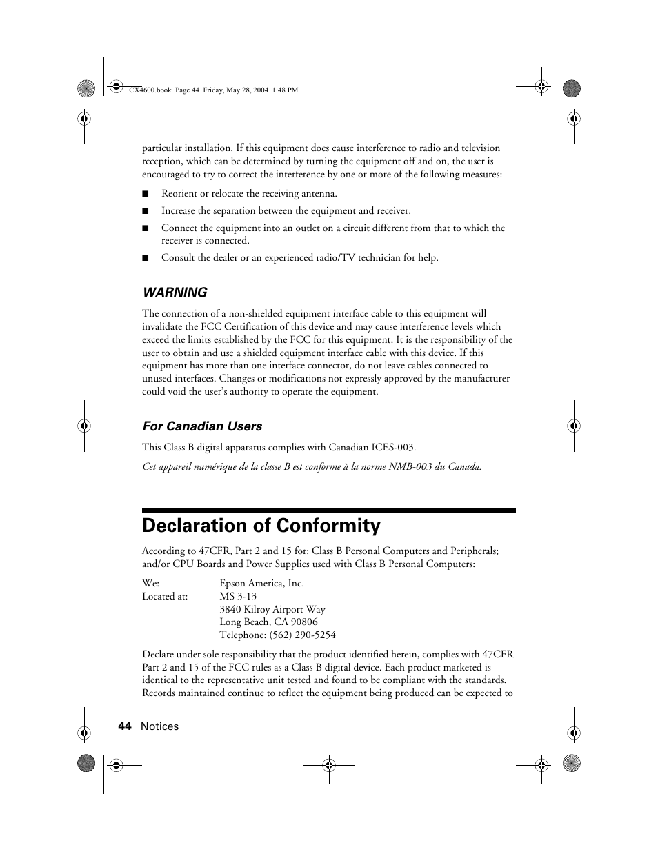 Declaration of conformity | Epson Stylus CX4600 User Manual | Page 44 / 48