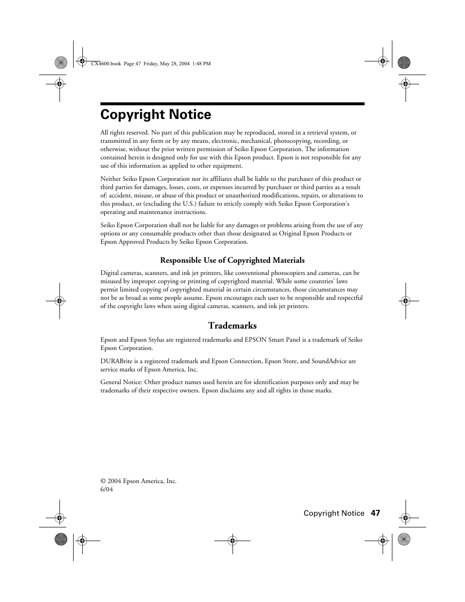 Copyright notice, Trademarks | Epson Stylus CX4600 User Manual | Page 47 / 48