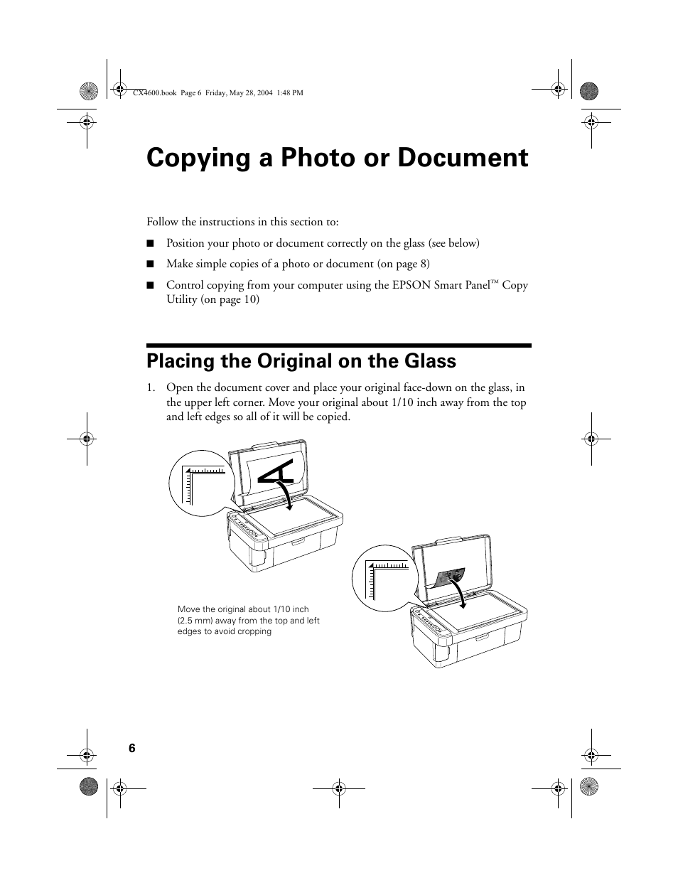 Copying a photo or document, Placing the original on the glass | Epson Stylus CX4600 User Manual | Page 6 / 48