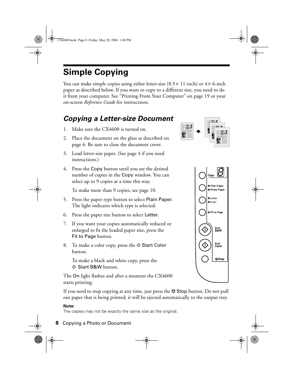 Simple copying, Copying a letter-size document | Epson Stylus CX4600 User Manual | Page 8 / 48