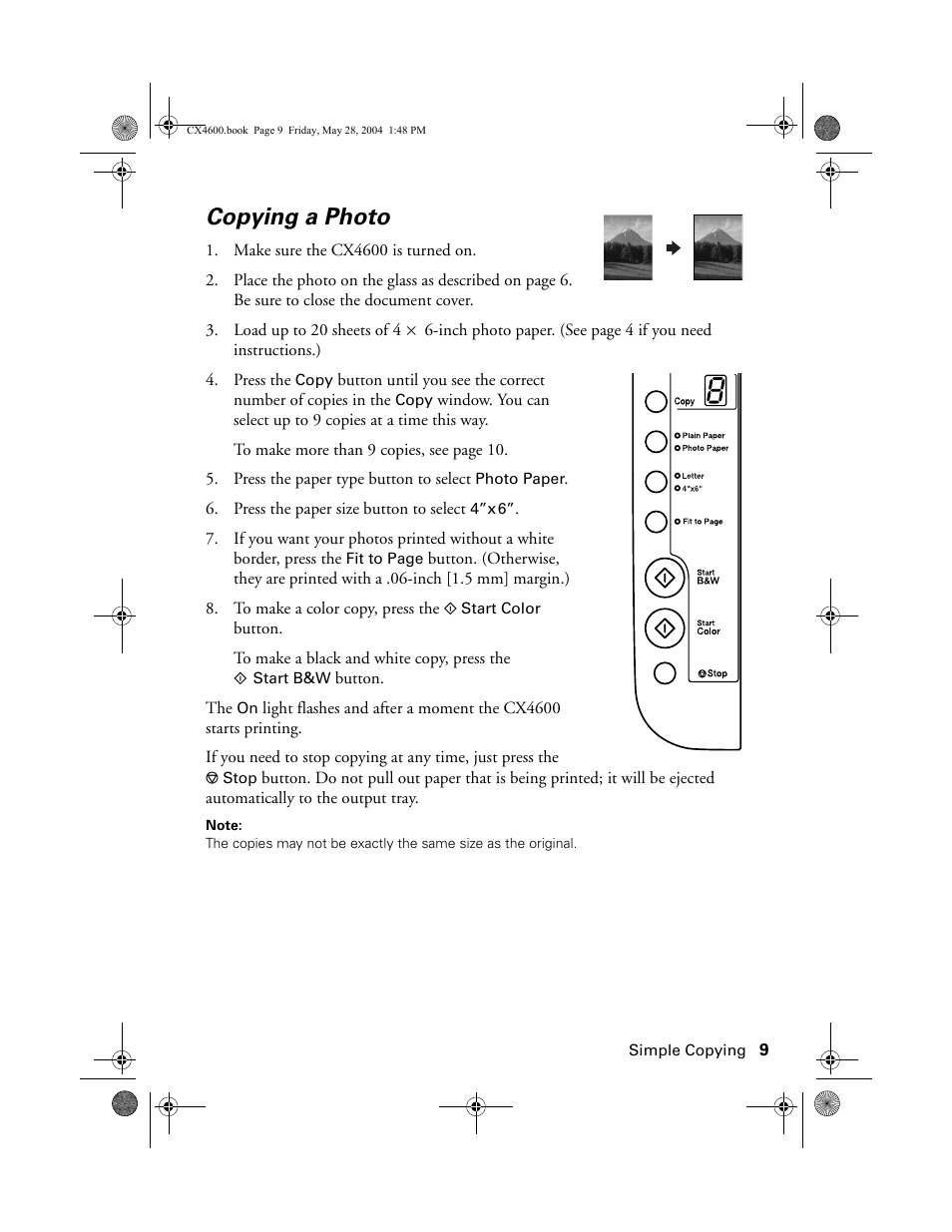 Copying a photo | Epson Stylus CX4600 User Manual | Page 9 / 48