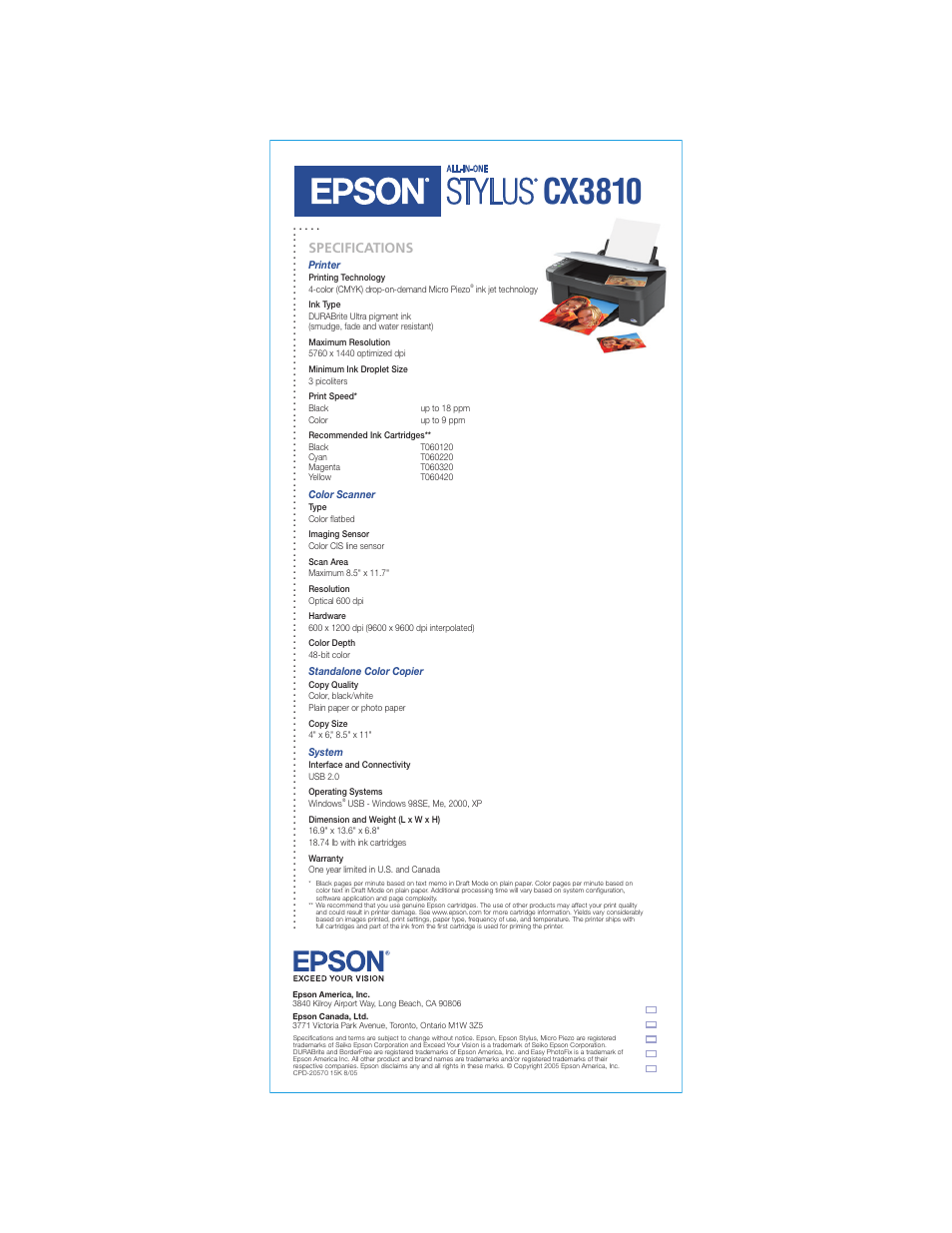 Cx3810, Specifications | Epson Stylus CX3810 User Manual | Page 2 / 2