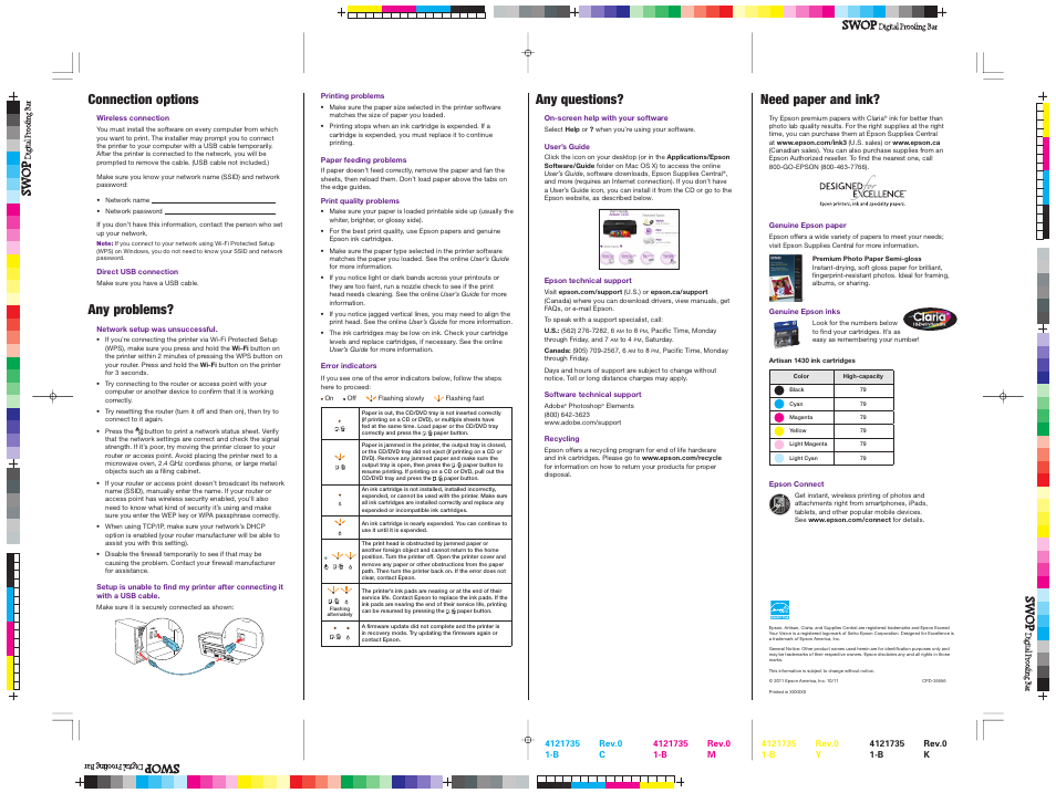 Connection options, Any problems, Network setup was unsuccessful | Printing problems, Paper feeding problems, Print quality problems, Error indicators, Need paper and ink, Any questions | Epson Artisan 1430 User Manual | Page 3 / 4