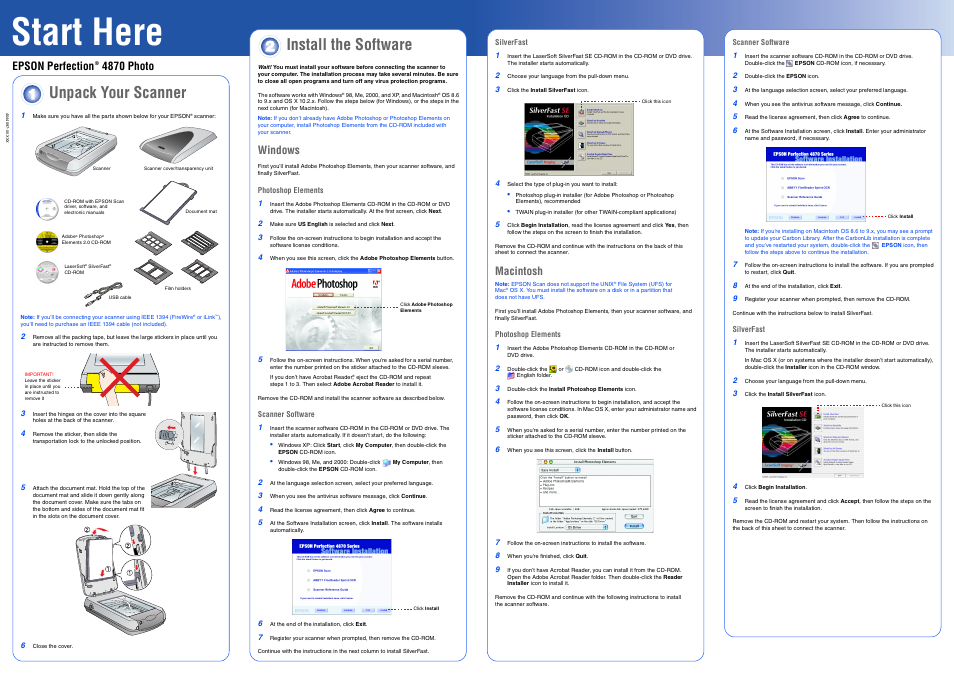 Scanner software, Silverfast, Start here | Unpack your scanner, Install the software, Epson perfection 4870 photo, Windows, Macintosh | Epson Perfection 4870 Photo User Manual | Page 4 / 8