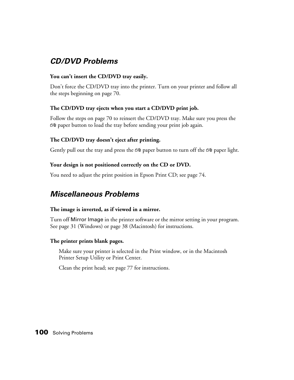 Cd/dvd problems, Miscellaneous problems | Epson CPD-19345R0 User Manual | Page 100 / 119