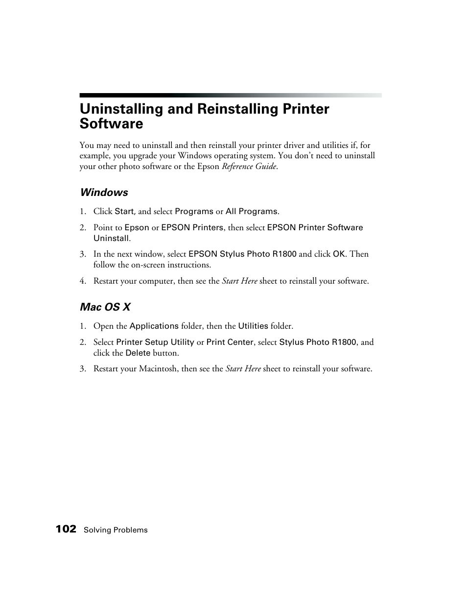 Uninstalling and reinstalling printer software | Epson CPD-19345R0 User Manual | Page 102 / 119