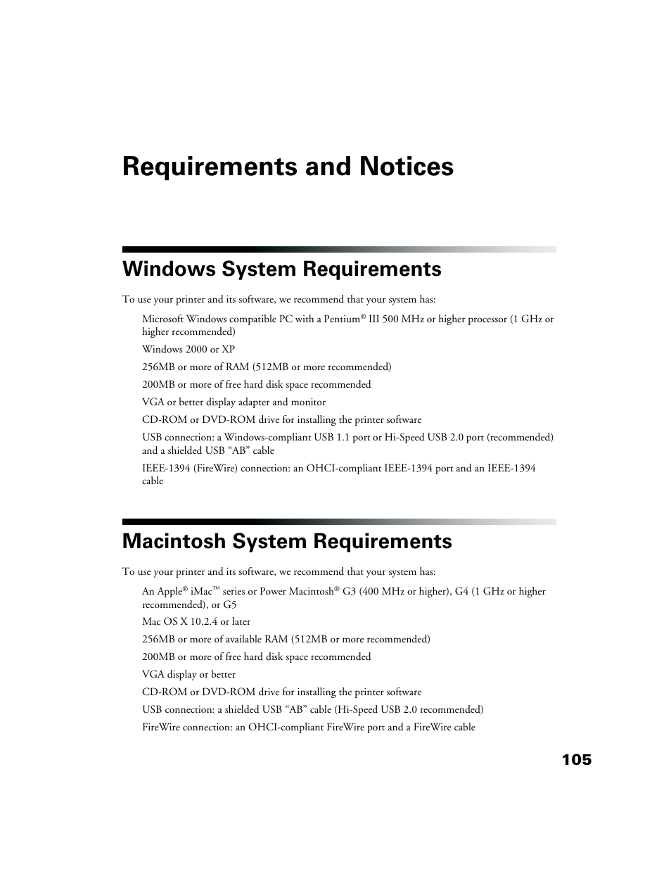 Requirements and notices, Windows system requirements, Macintosh system requirements | Epson CPD-19345R0 User Manual | Page 105 / 119