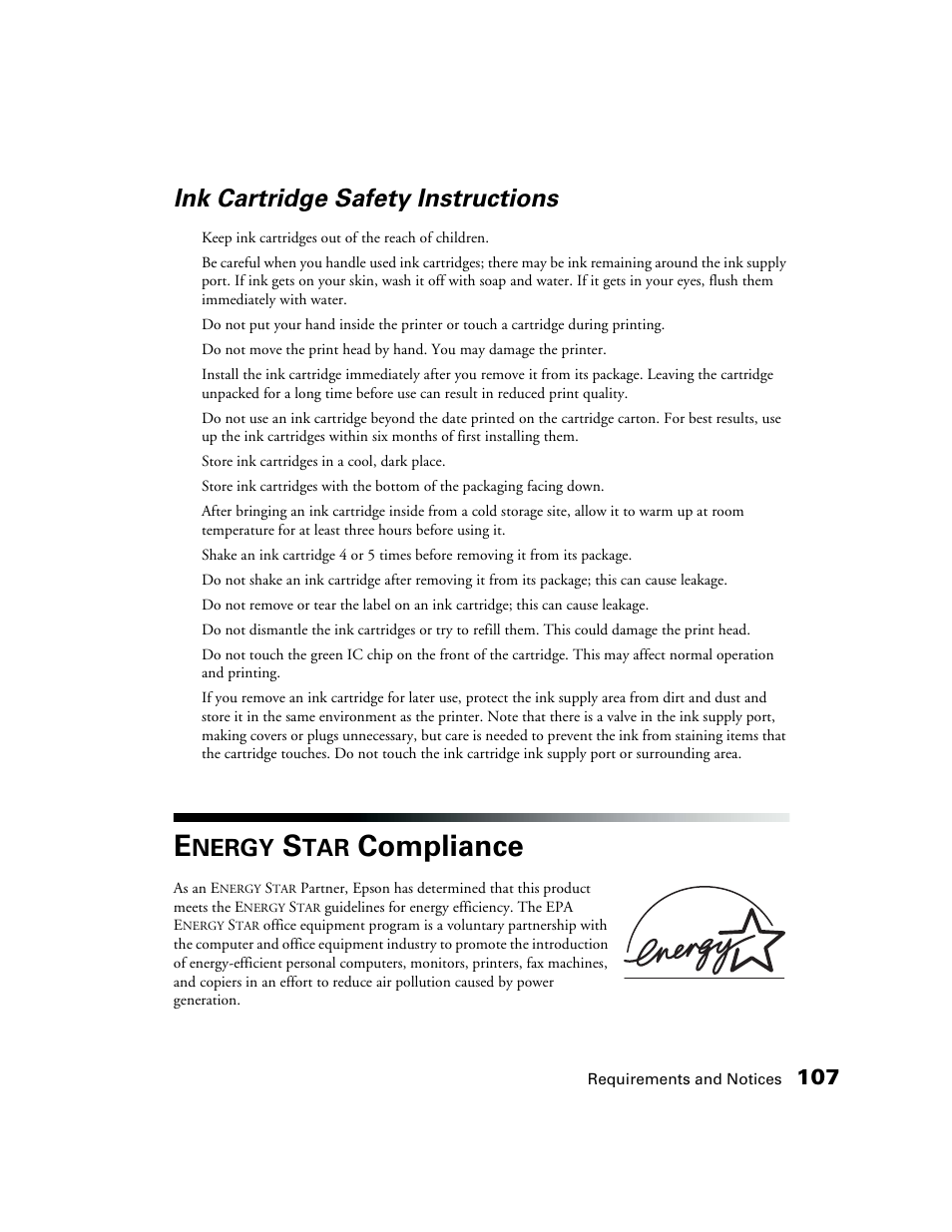 Ink cartridge safety instructions, Energy star compliance, Nergy | Compliance | Epson CPD-19345R0 User Manual | Page 107 / 119