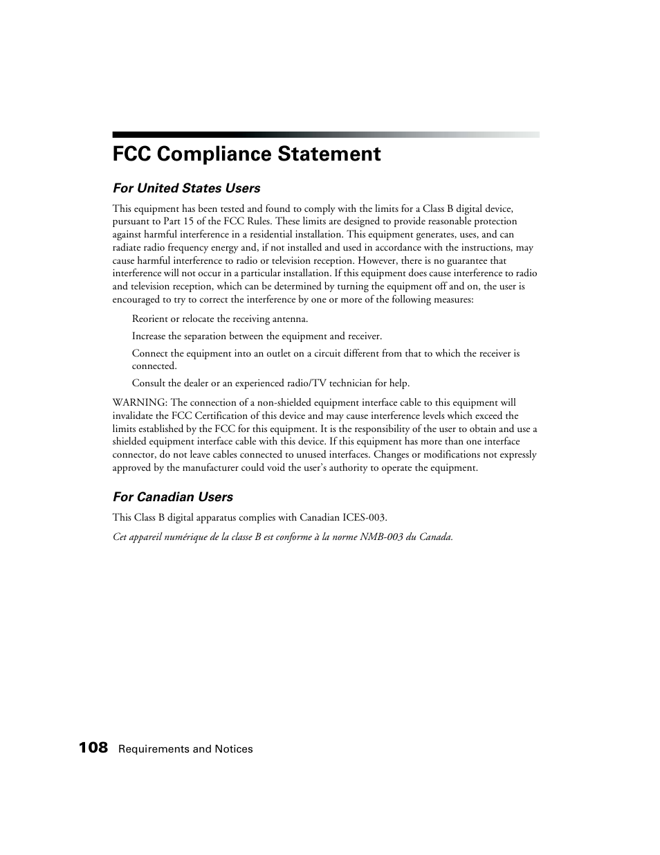 Fcc compliance statement | Epson CPD-19345R0 User Manual | Page 108 / 119