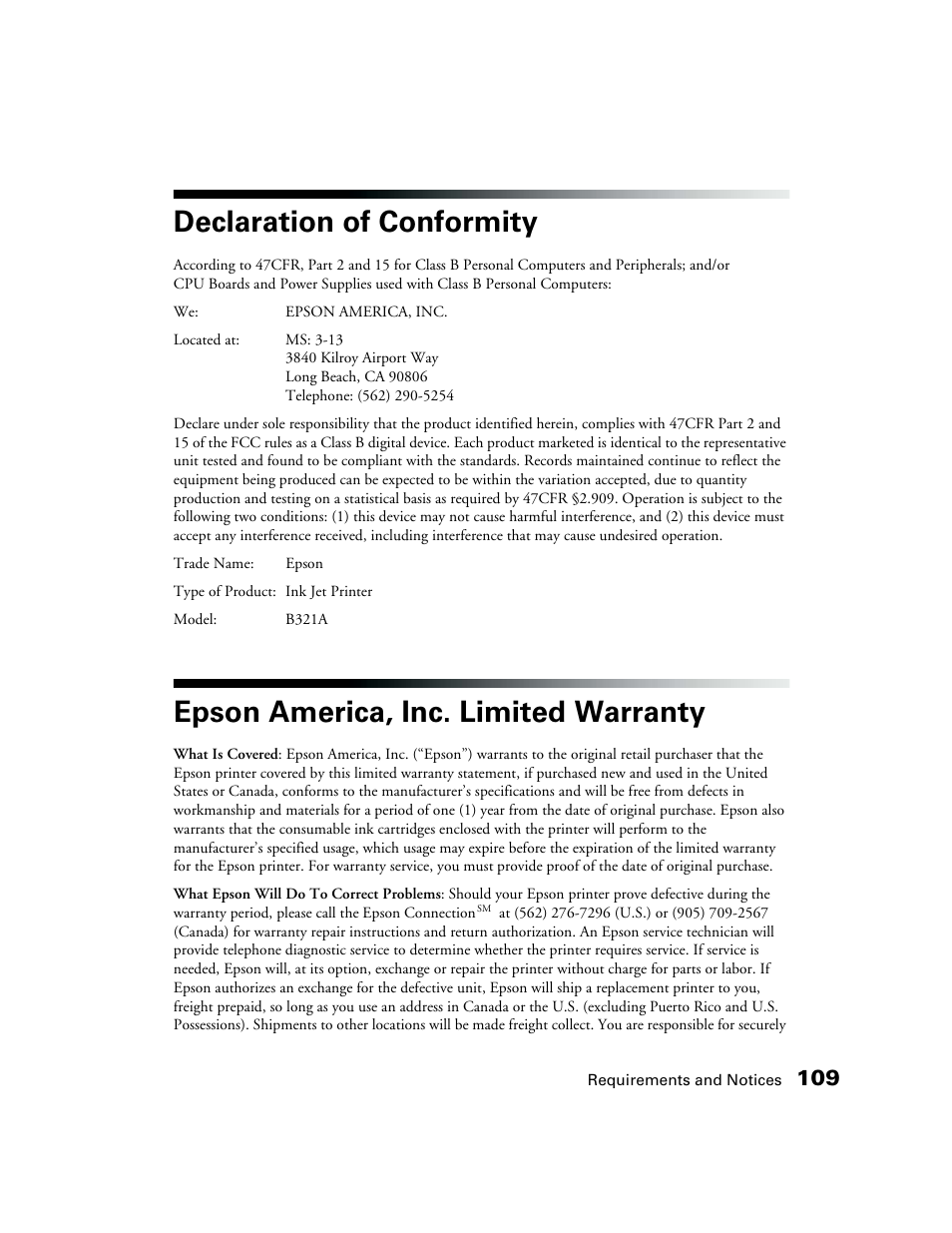 Declaration of conformity, Epson america, inc. limited warranty | Epson CPD-19345R0 User Manual | Page 109 / 119