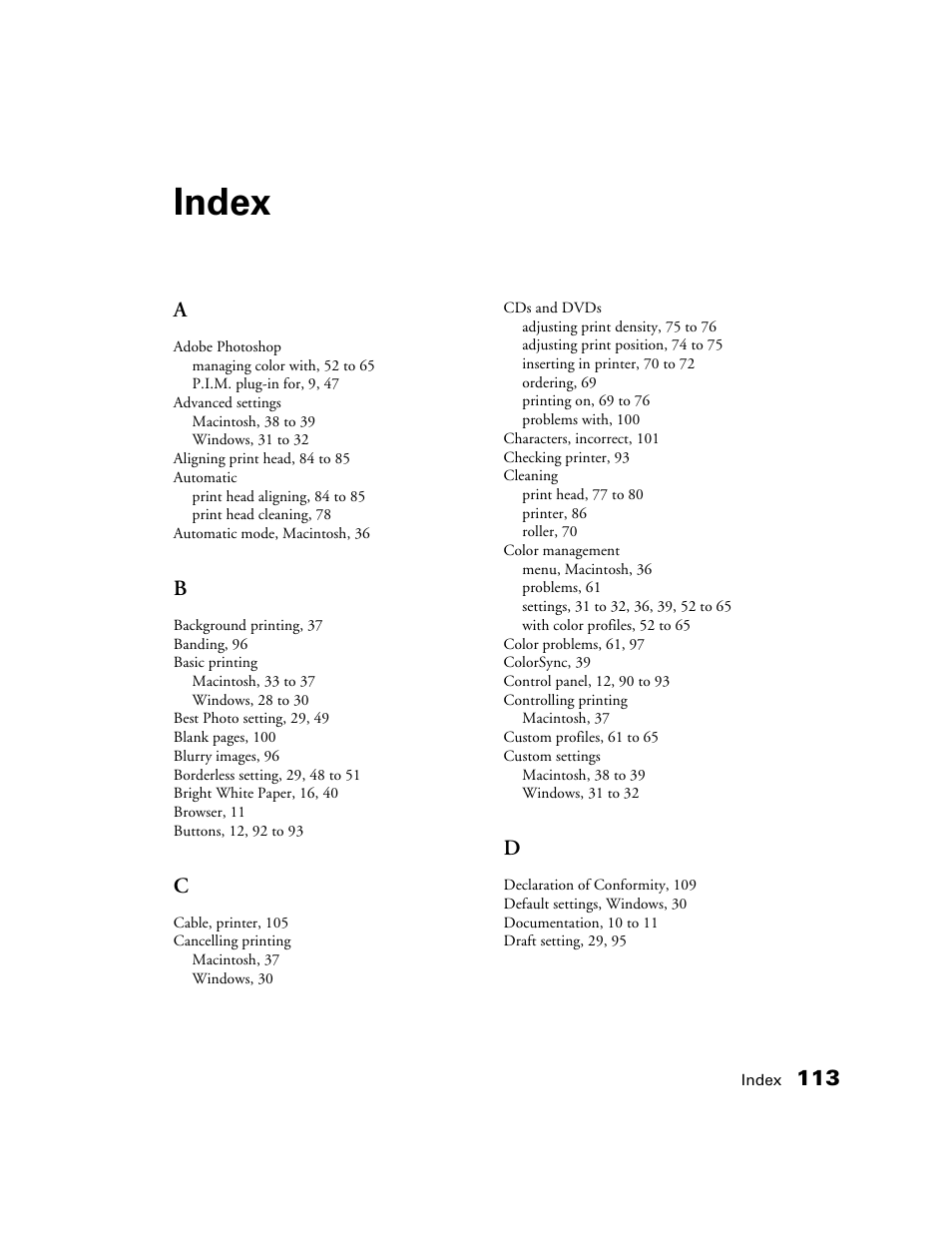 Index | Epson CPD-19345R0 User Manual | Page 113 / 119