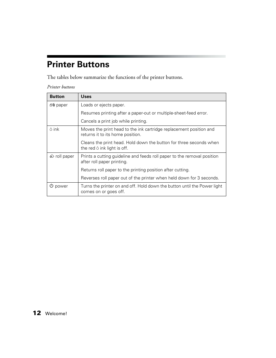 Printer buttons | Epson CPD-19345R0 User Manual | Page 12 / 119