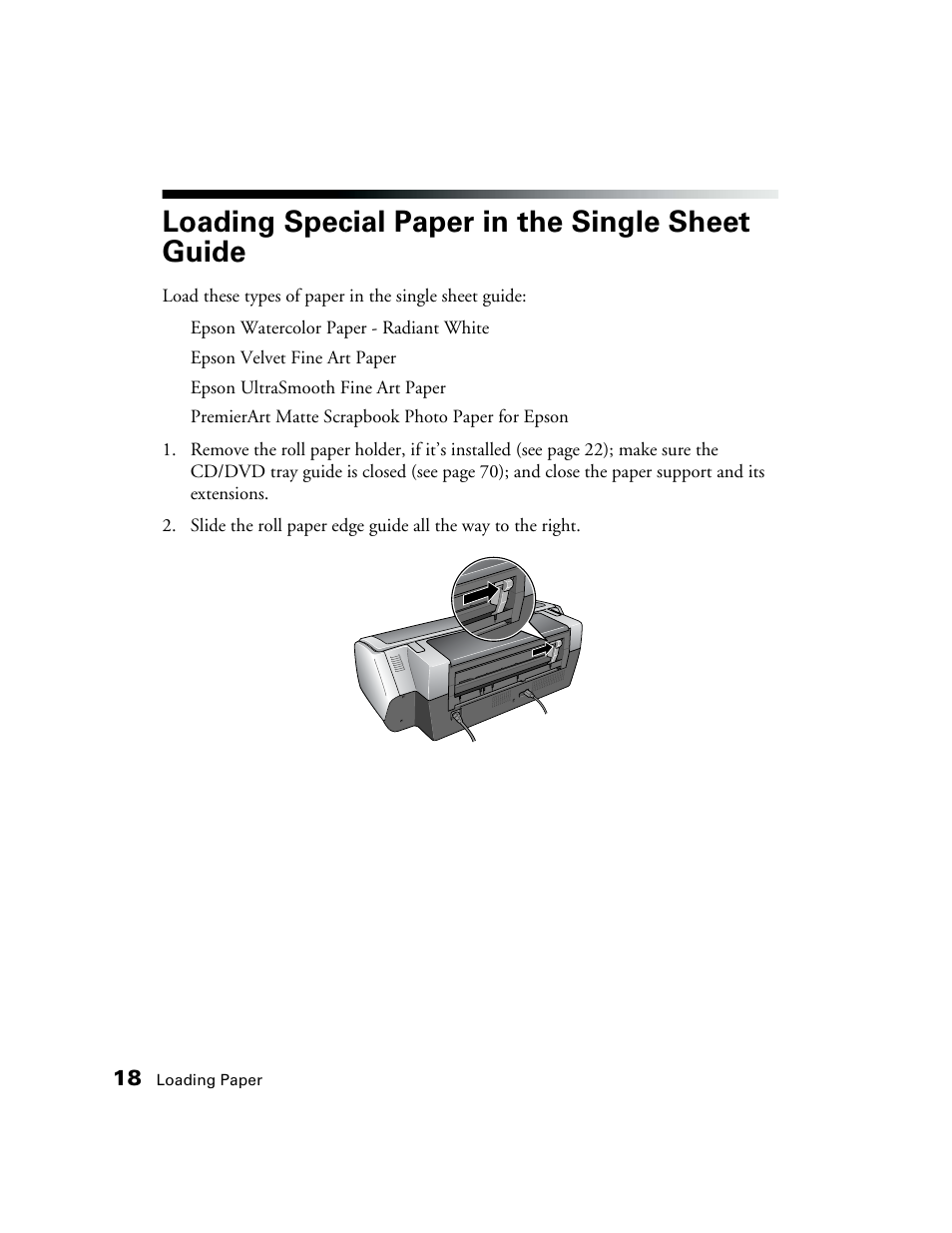 Loading special paper in the single sheet guide | Epson CPD-19345R0 User Manual | Page 18 / 119