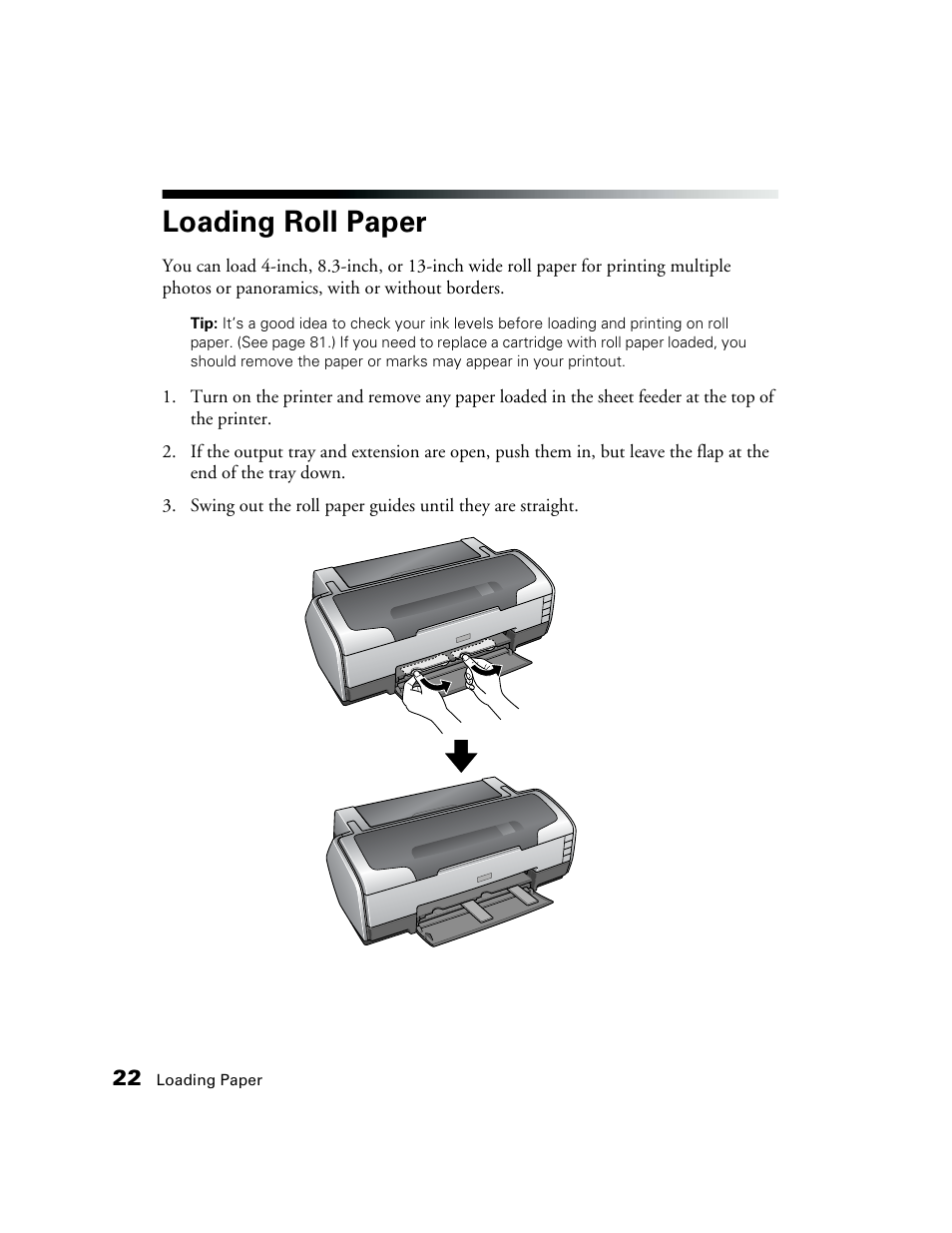 Loading roll paper | Epson CPD-19345R0 User Manual | Page 22 / 119