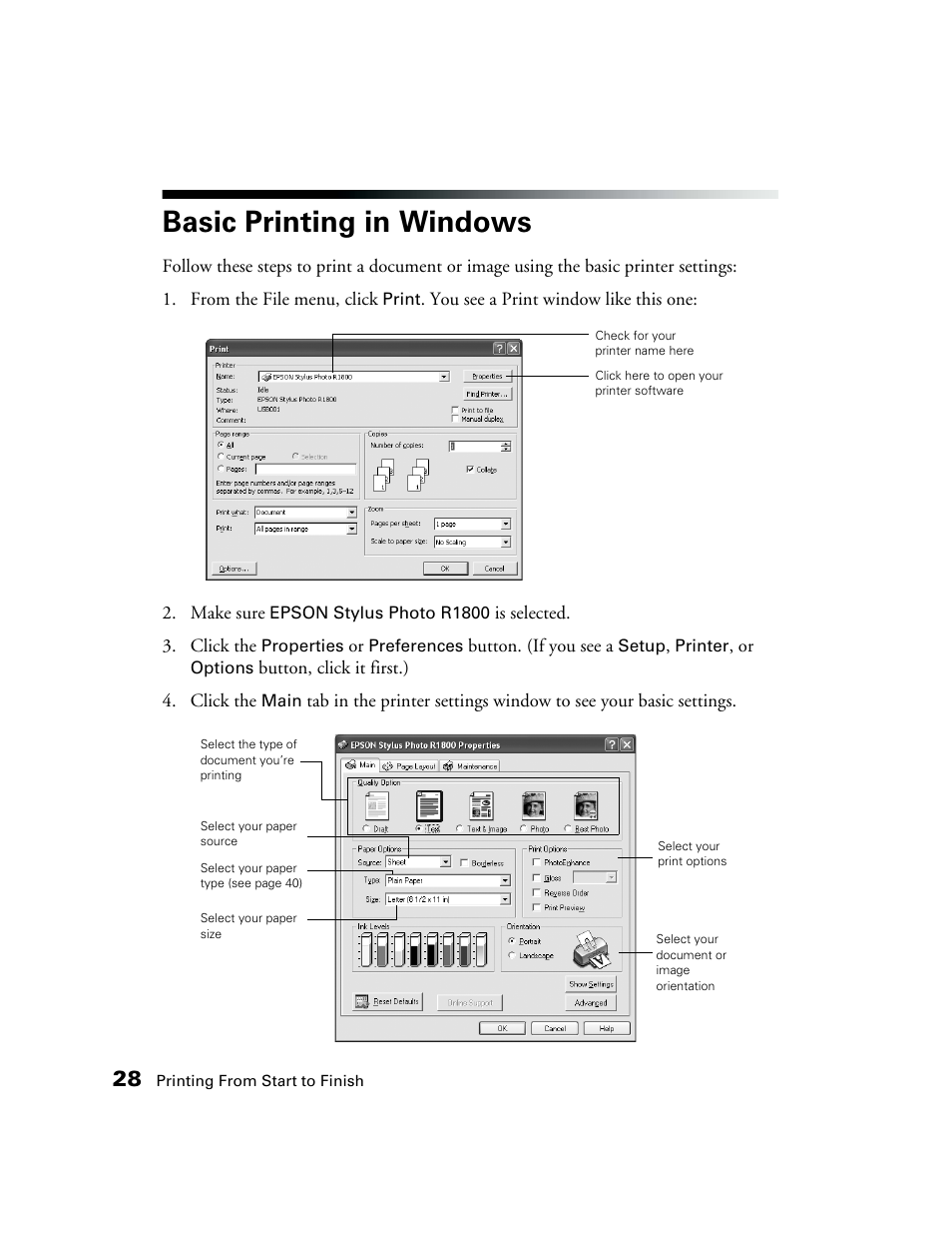 Basic printing in windows | Epson CPD-19345R0 User Manual | Page 28 / 119