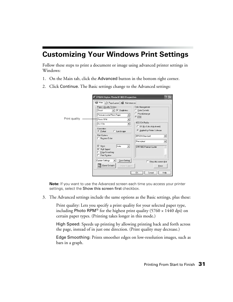 Customizing your windows print settings | Epson CPD-19345R0 User Manual | Page 31 / 119