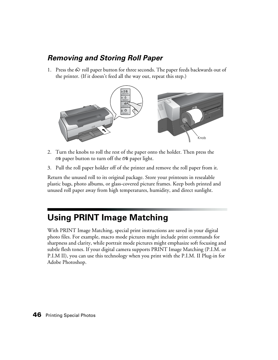 Removing and storing roll paper, Using print image matching | Epson CPD-19345R0 User Manual | Page 46 / 119