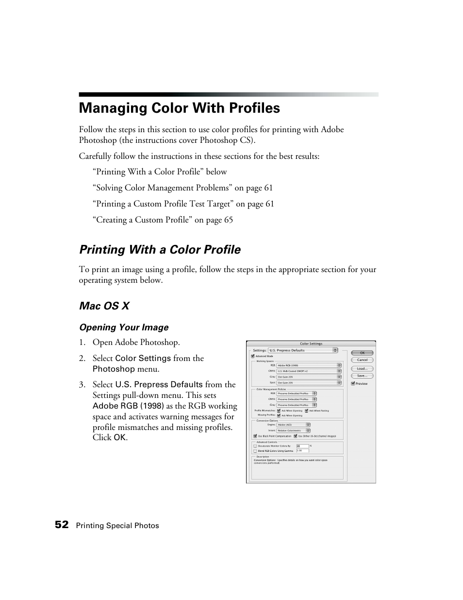 Managing color with profiles, Printing with a color profile | Epson CPD-19345R0 User Manual | Page 52 / 119