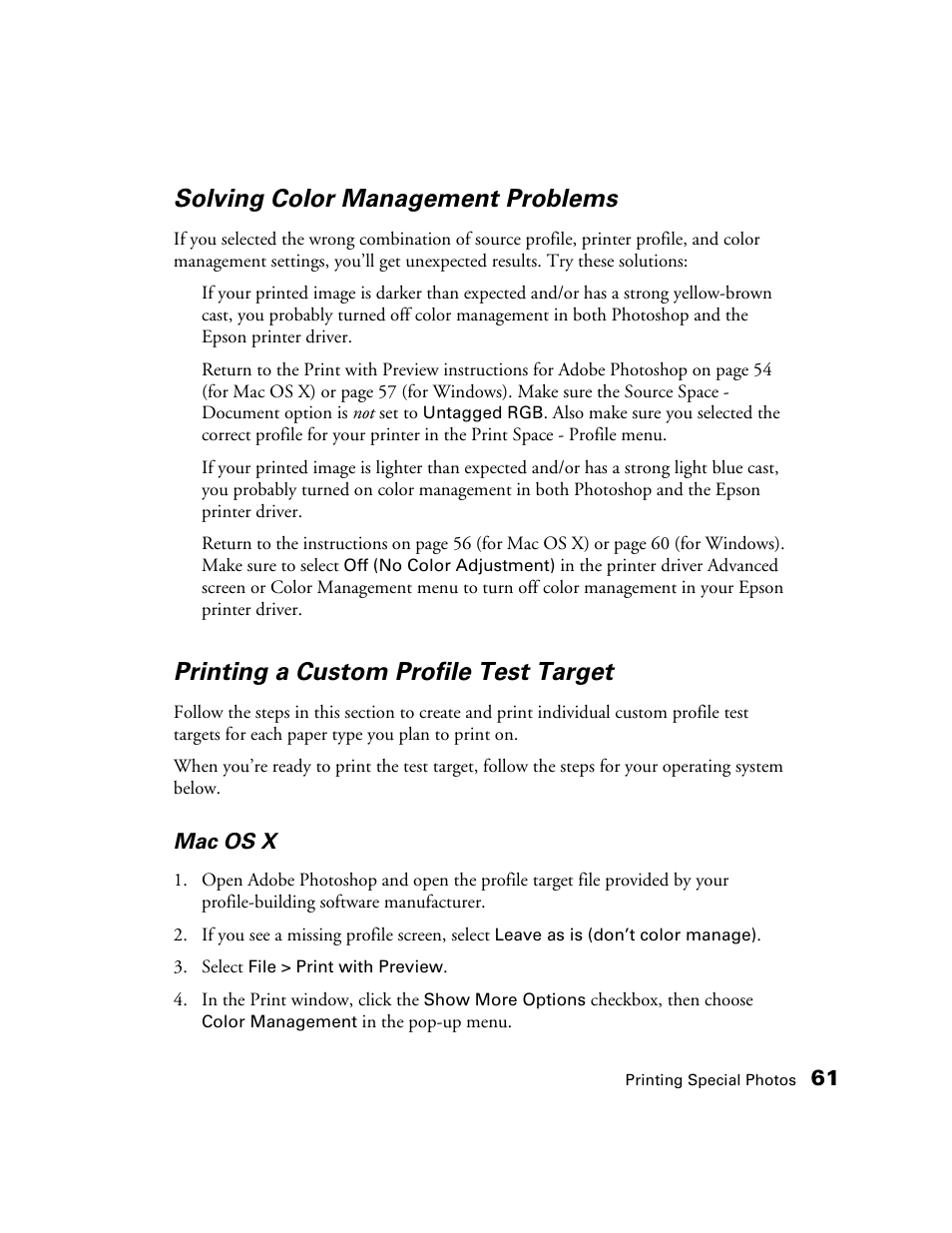 Solving color management problems, Printing a custom profile test target | Epson CPD-19345R0 User Manual | Page 61 / 119