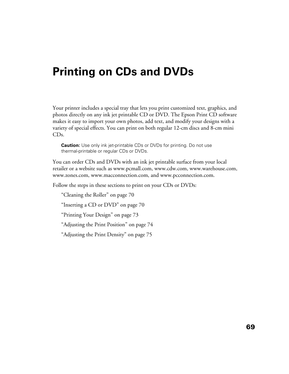 Printing on cds and dvds | Epson CPD-19345R0 User Manual | Page 69 / 119