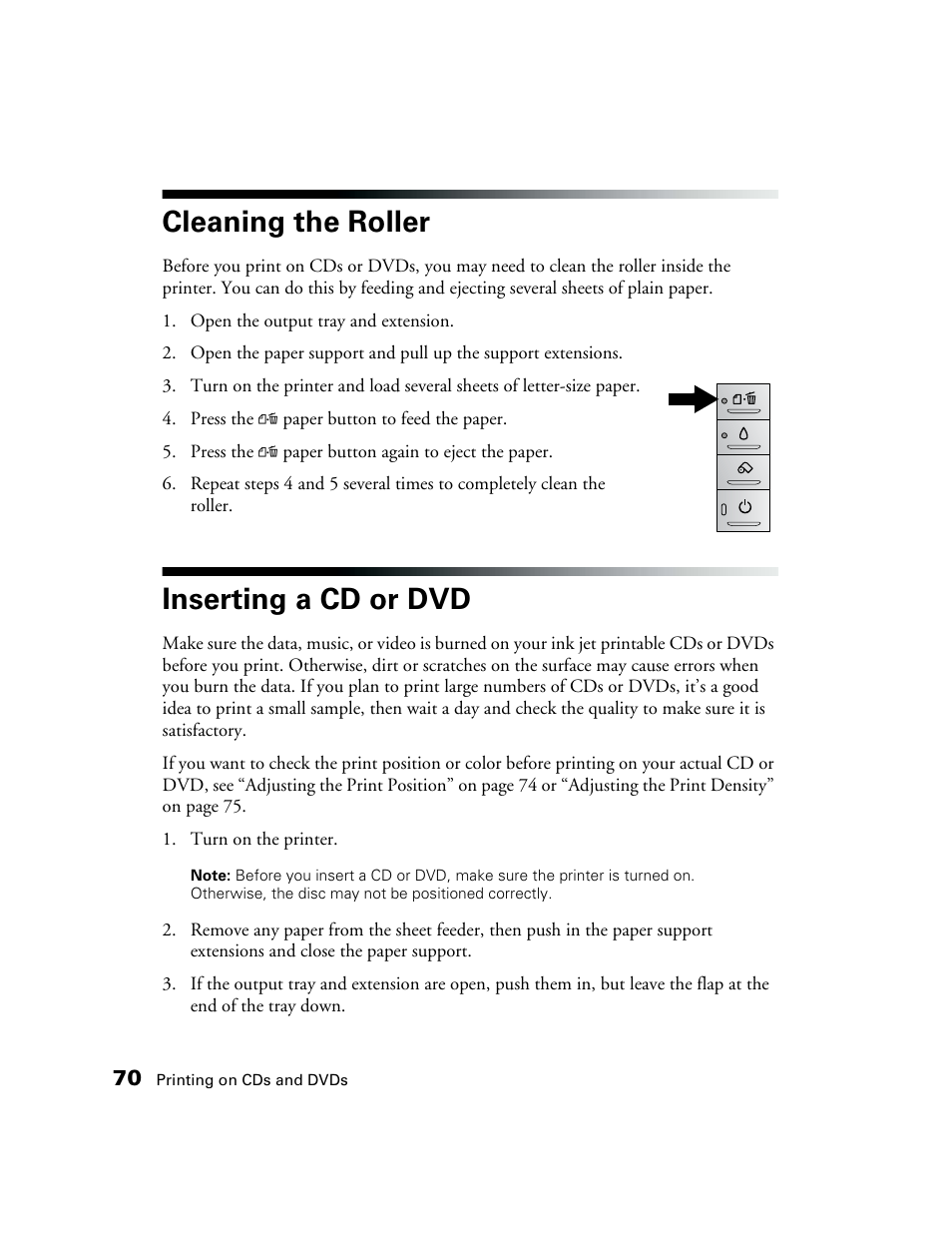 Cleaning the roller, Inserting a cd or dvd | Epson CPD-19345R0 User Manual | Page 70 / 119