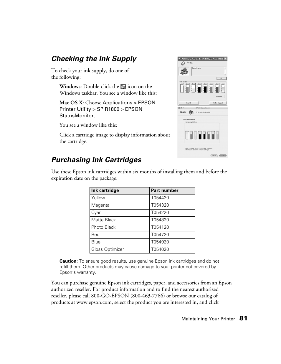 Checking the ink supply, Purchasing ink cartridges | Epson CPD-19345R0 User Manual | Page 81 / 119