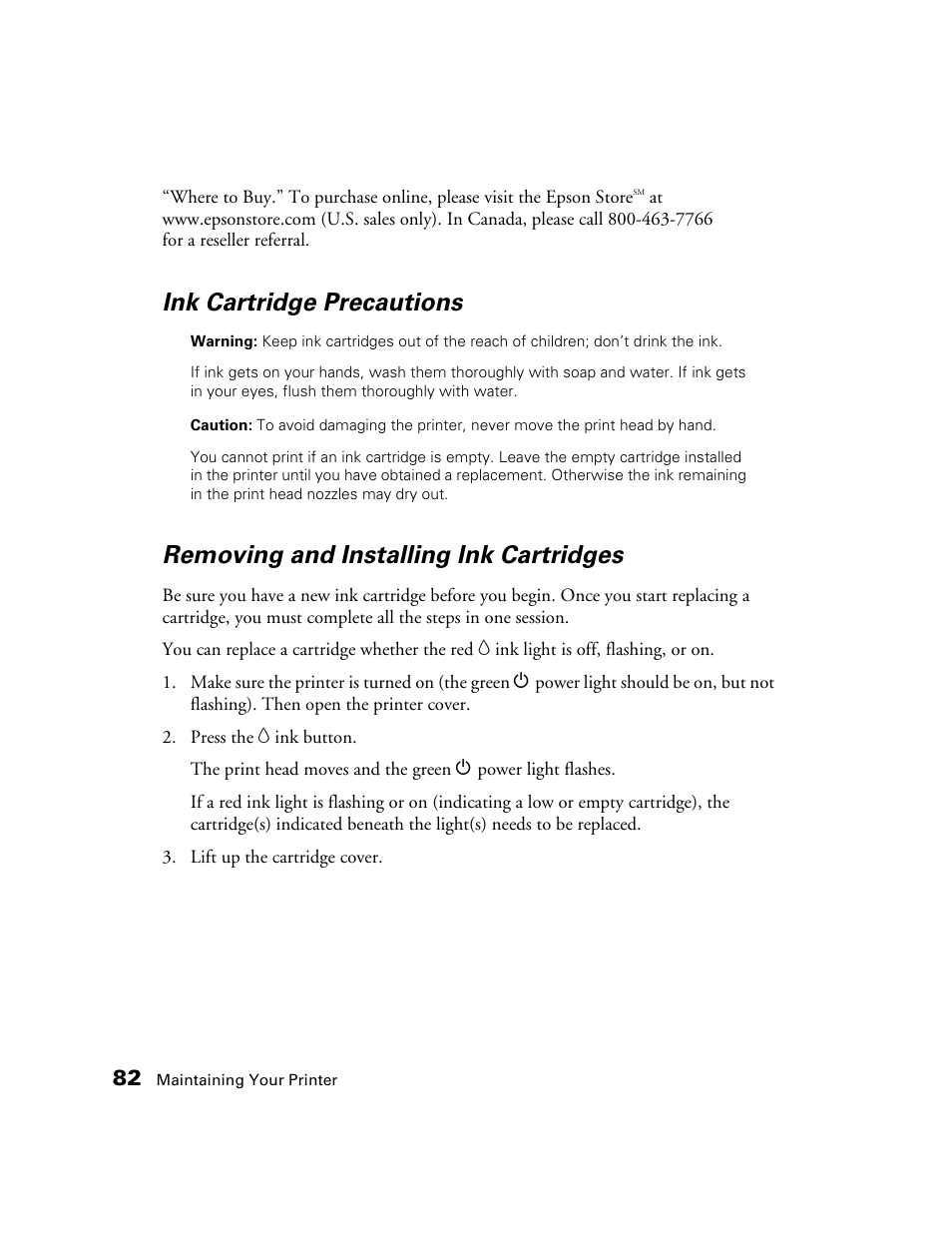 Ink cartridge precautions, Removing and installing ink cartridges | Epson CPD-19345R0 User Manual | Page 82 / 119