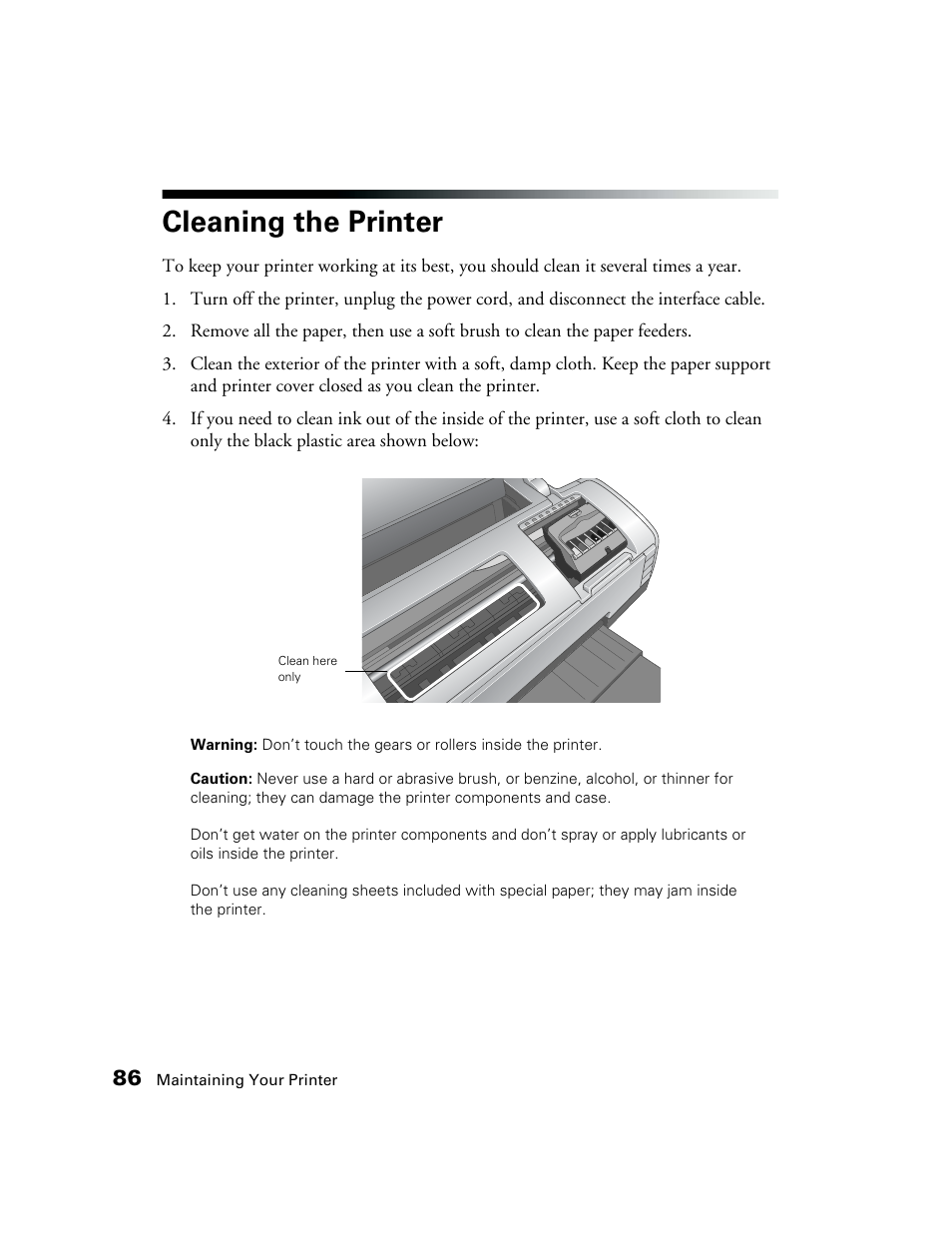 Cleaning the printer | Epson CPD-19345R0 User Manual | Page 86 / 119