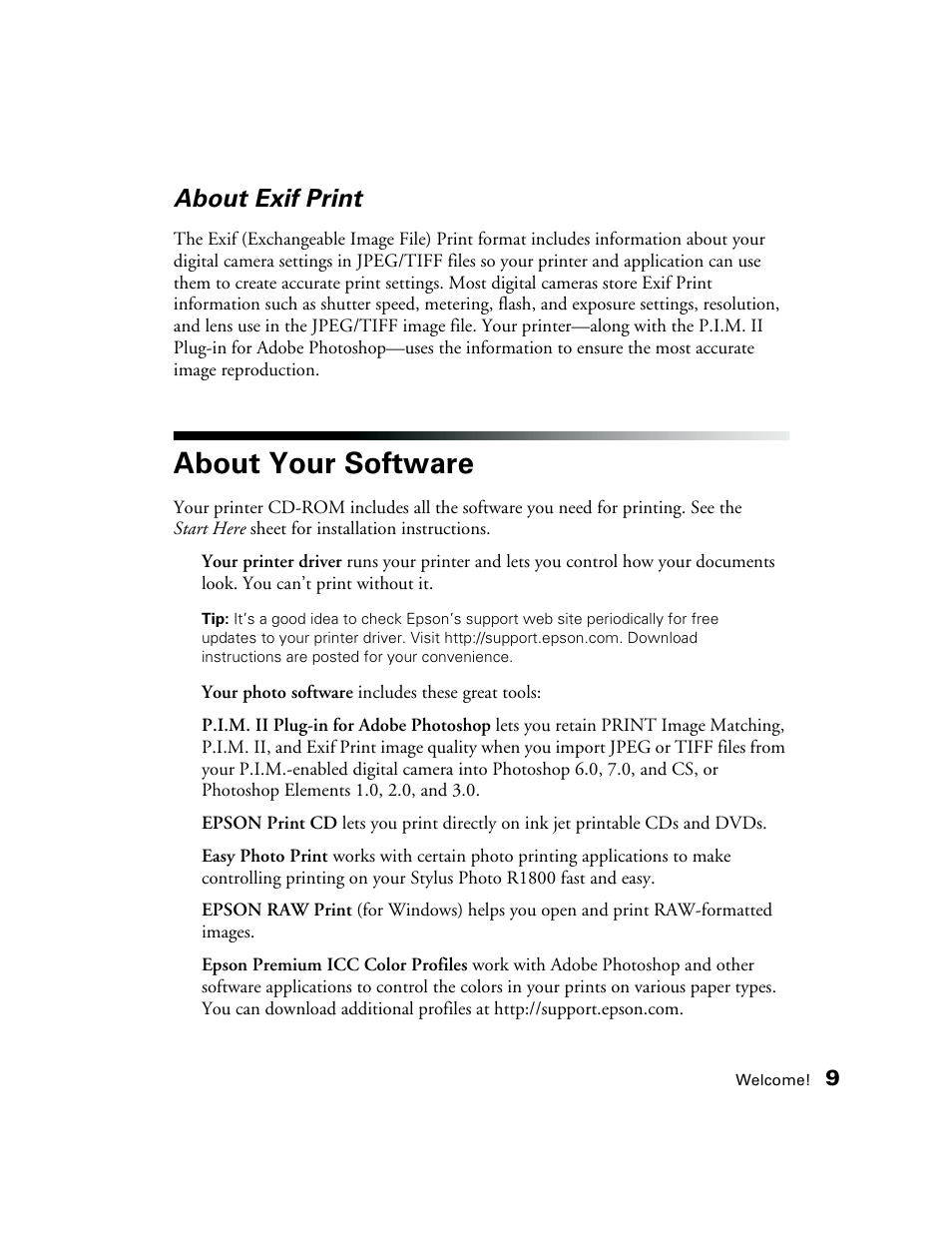 About exif print, About your software | Epson CPD-19345R0 User Manual | Page 9 / 119