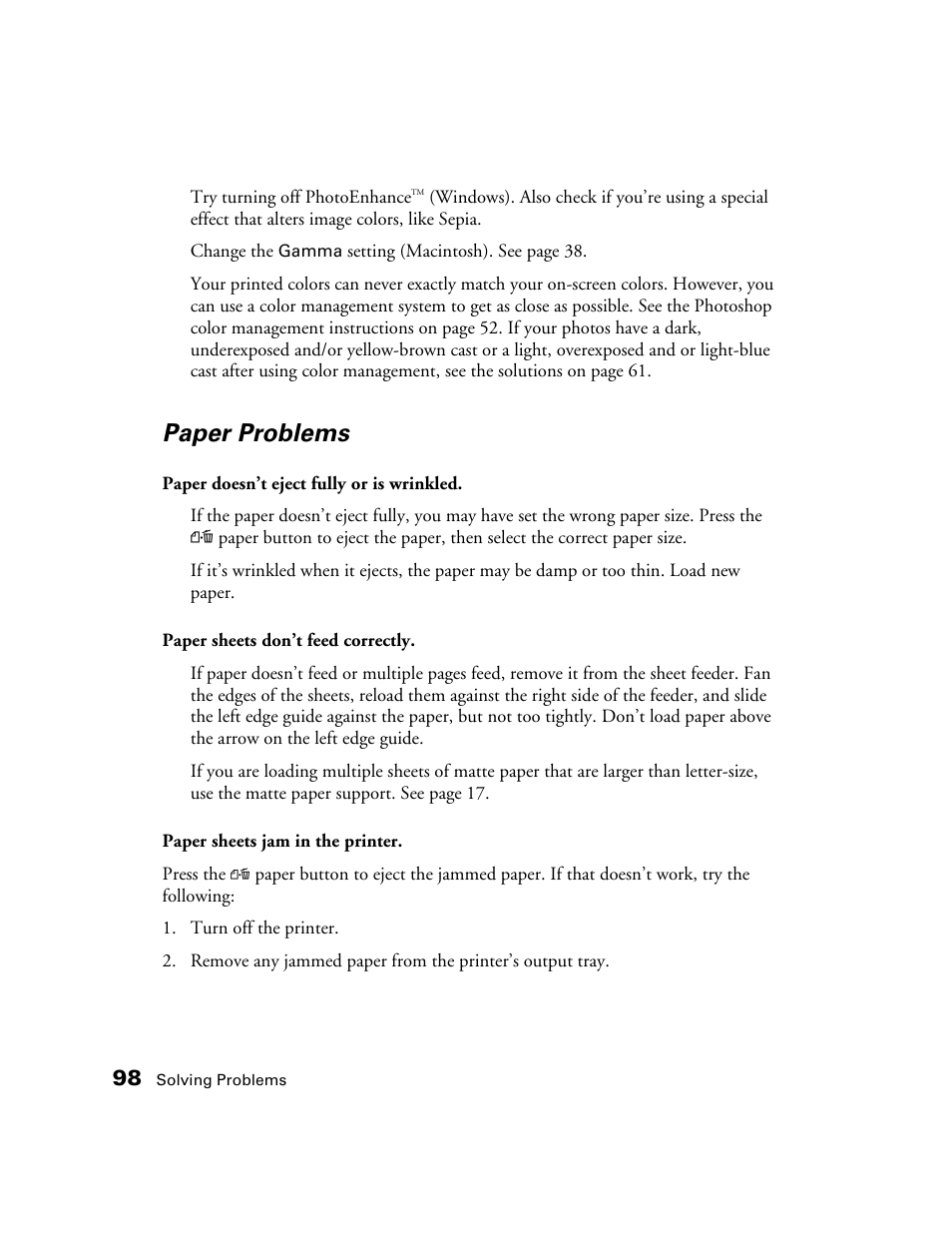 Paper problems | Epson CPD-19345R0 User Manual | Page 98 / 119