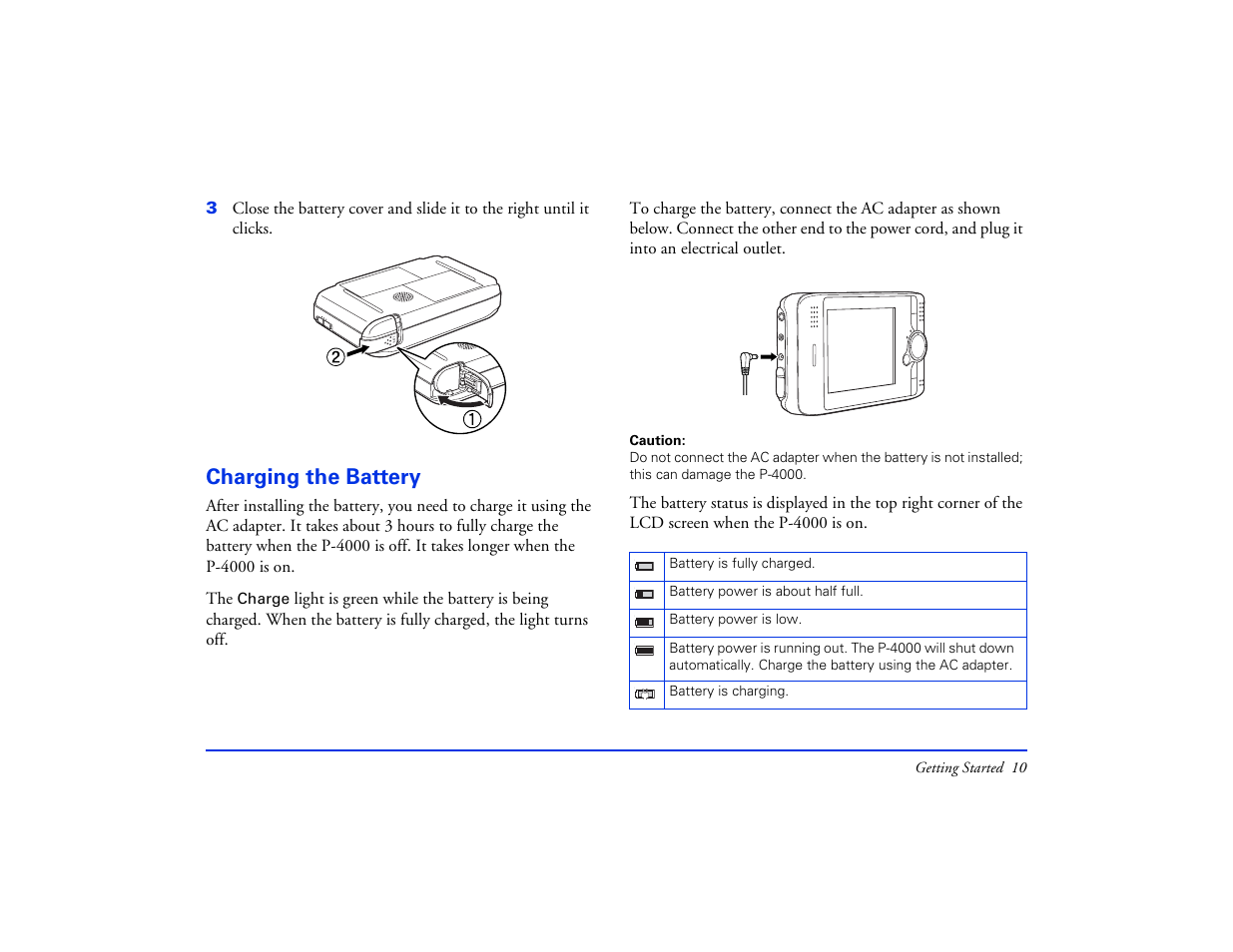 Charging the battery | Epson Multimedia Storage Viewer P-4000 User Manual | Page 10 / 74