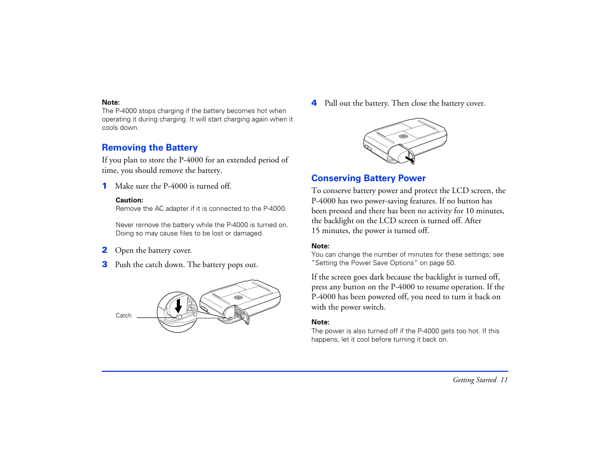 Removing the battery, Conserving battery power, Removing the battery conserving battery power | Epson Multimedia Storage Viewer P-4000 User Manual | Page 11 / 74