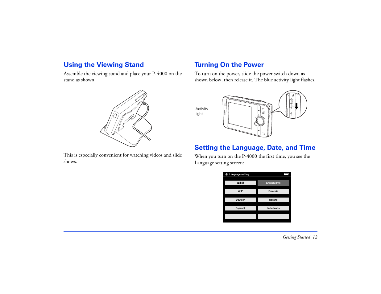 Using the viewing stand, Turning on the power, Setting the language, date, and time | Epson Multimedia Storage Viewer P-4000 User Manual | Page 12 / 74