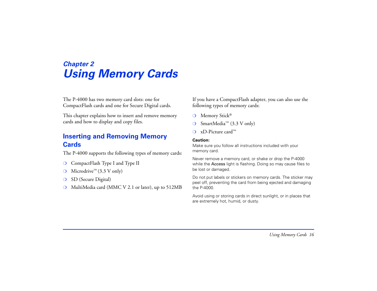 Using memory cards, Inserting and removing memory cards, Chapter 2 using memory cards | Chapter 2 | Epson Multimedia Storage Viewer P-4000 User Manual | Page 16 / 74