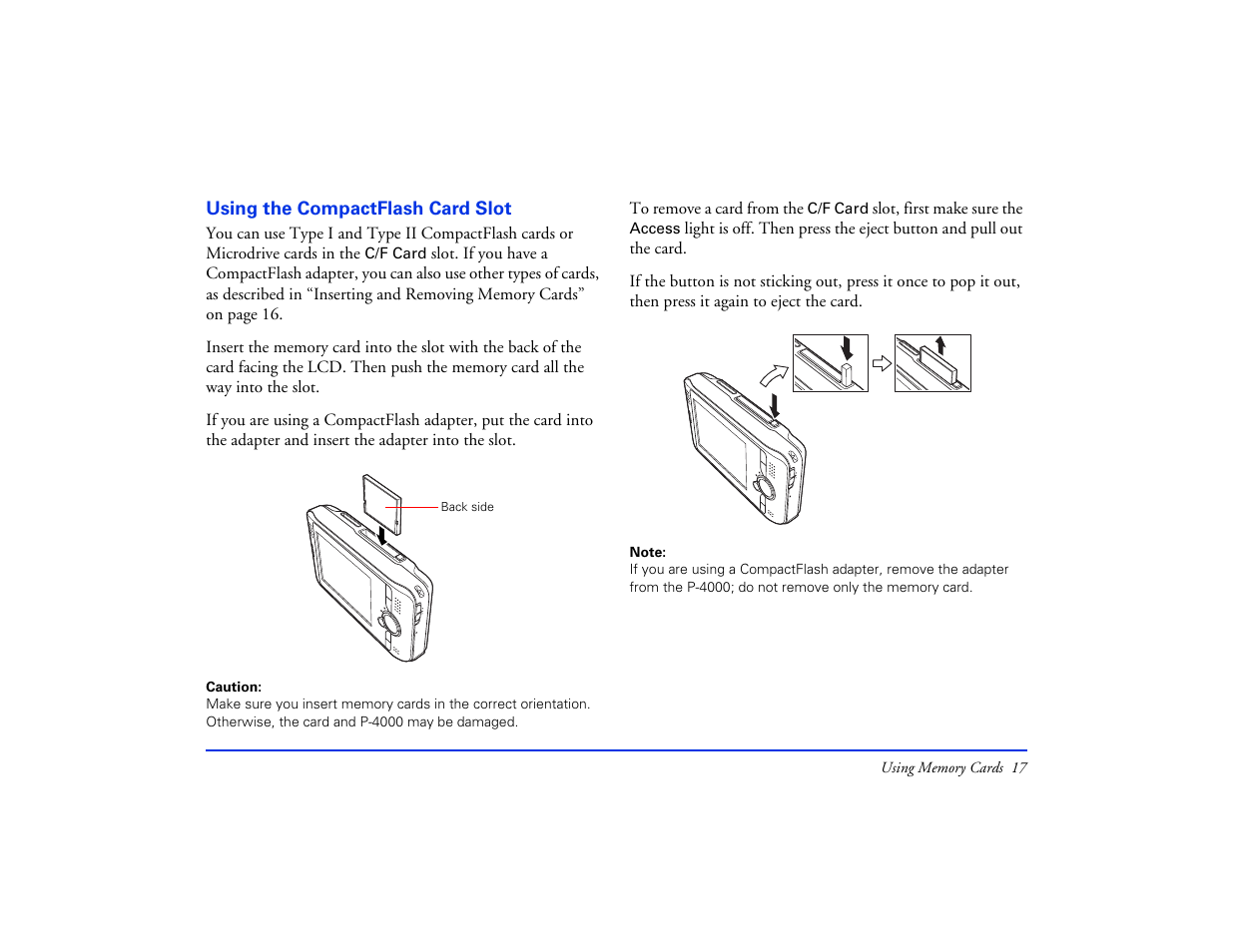 Using the compactflash card slot | Epson Multimedia Storage Viewer P-4000 User Manual | Page 17 / 74