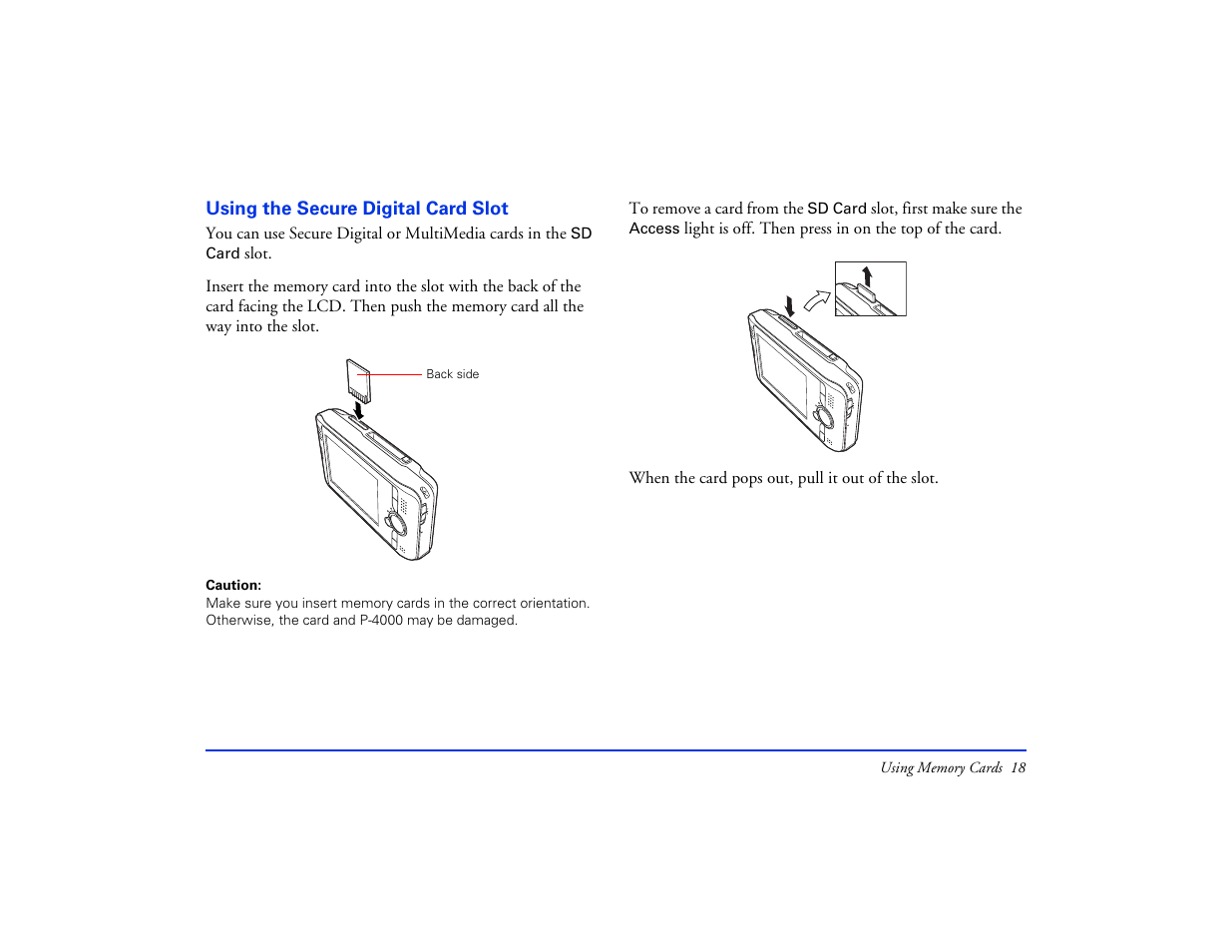 Using the secure digital card slot | Epson Multimedia Storage Viewer P-4000 User Manual | Page 18 / 74