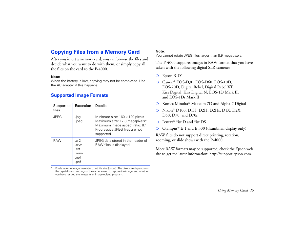 Copying files from a memory card, Supported image formats | Epson Multimedia Storage Viewer P-4000 User Manual | Page 19 / 74