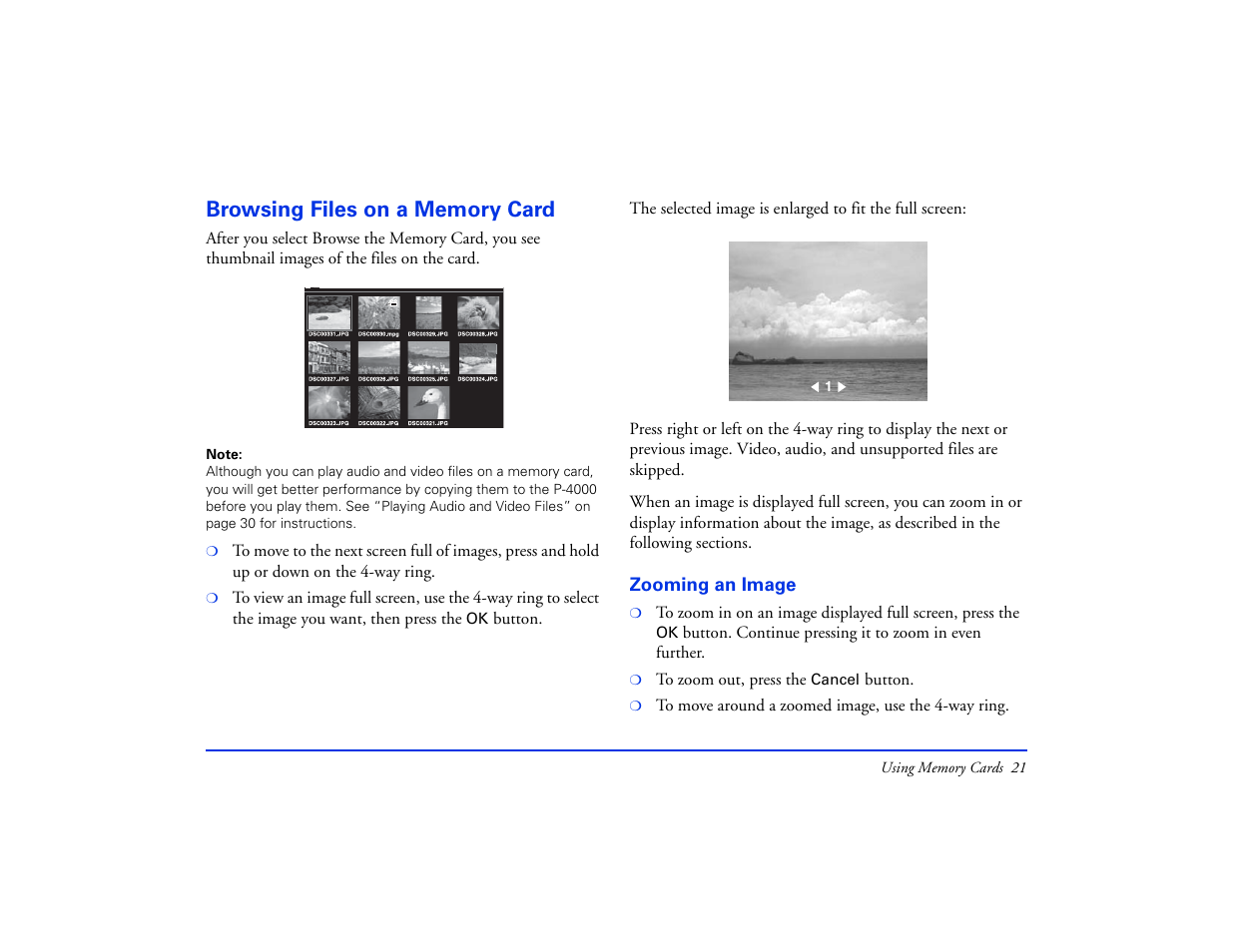 Browsing files on a memory card, Zooming an image | Epson Multimedia Storage Viewer P-4000 User Manual | Page 21 / 74