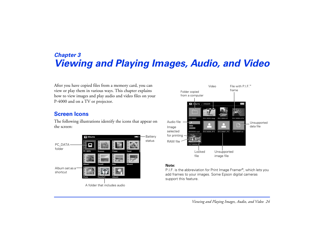 Viewing and playing images, audio, and video, Screen icons, Chapter 3 viewing and playing images | Audio, and video, Chapter 3 | Epson Multimedia Storage Viewer P-4000 User Manual | Page 24 / 74