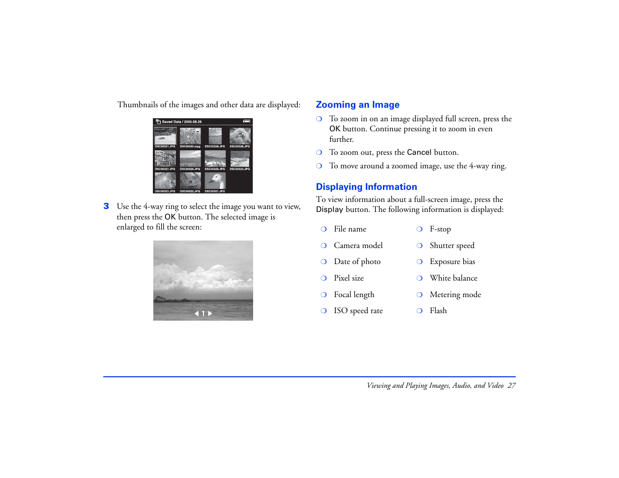 Zooming an image, Displaying information, Zooming an image displaying information | Epson Multimedia Storage Viewer P-4000 User Manual | Page 27 / 74