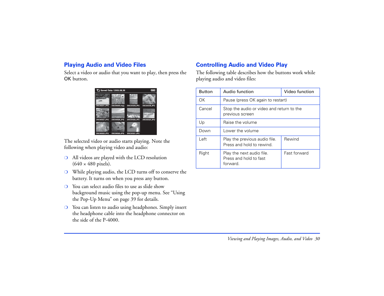 Playing audio and video files, Controlling audio and video play | Epson Multimedia Storage Viewer P-4000 User Manual | Page 30 / 74