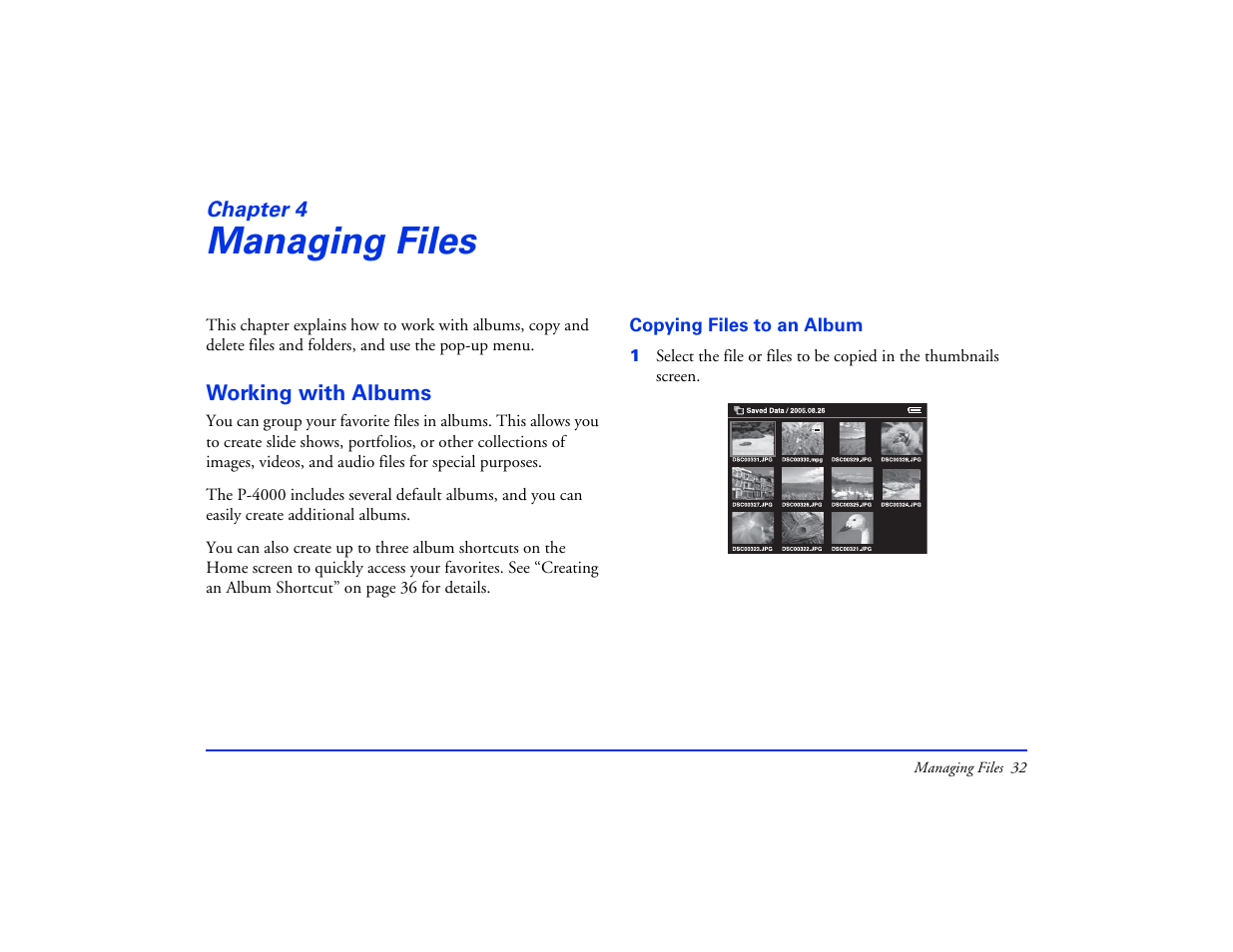 Managing files, Working with albums, Copying files to an album | Chapter 4 managing files | Epson Multimedia Storage Viewer P-4000 User Manual | Page 32 / 74